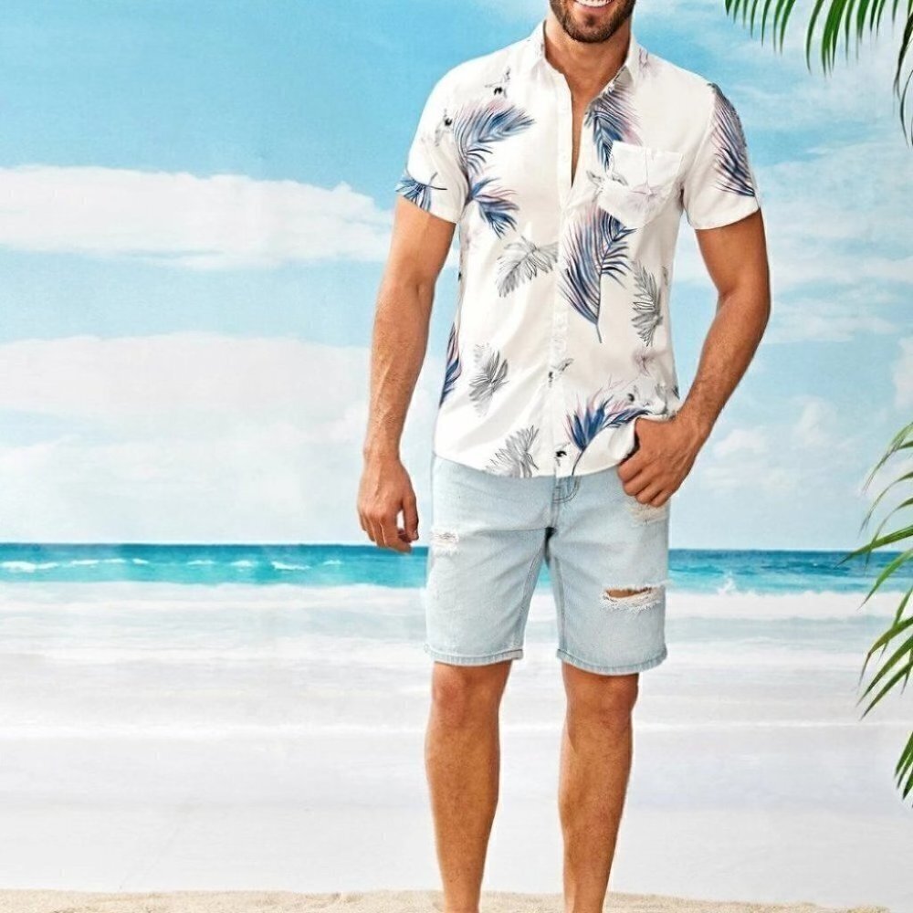 White Vacation Style Men's Hawaiian Print Shirt - Picture 5 of 5